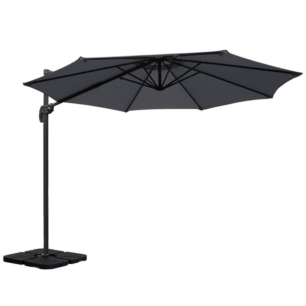 Outdoor Umbrella 3M with Base Cantilever Beach Roma 360-Degree Tilt - Charcoal