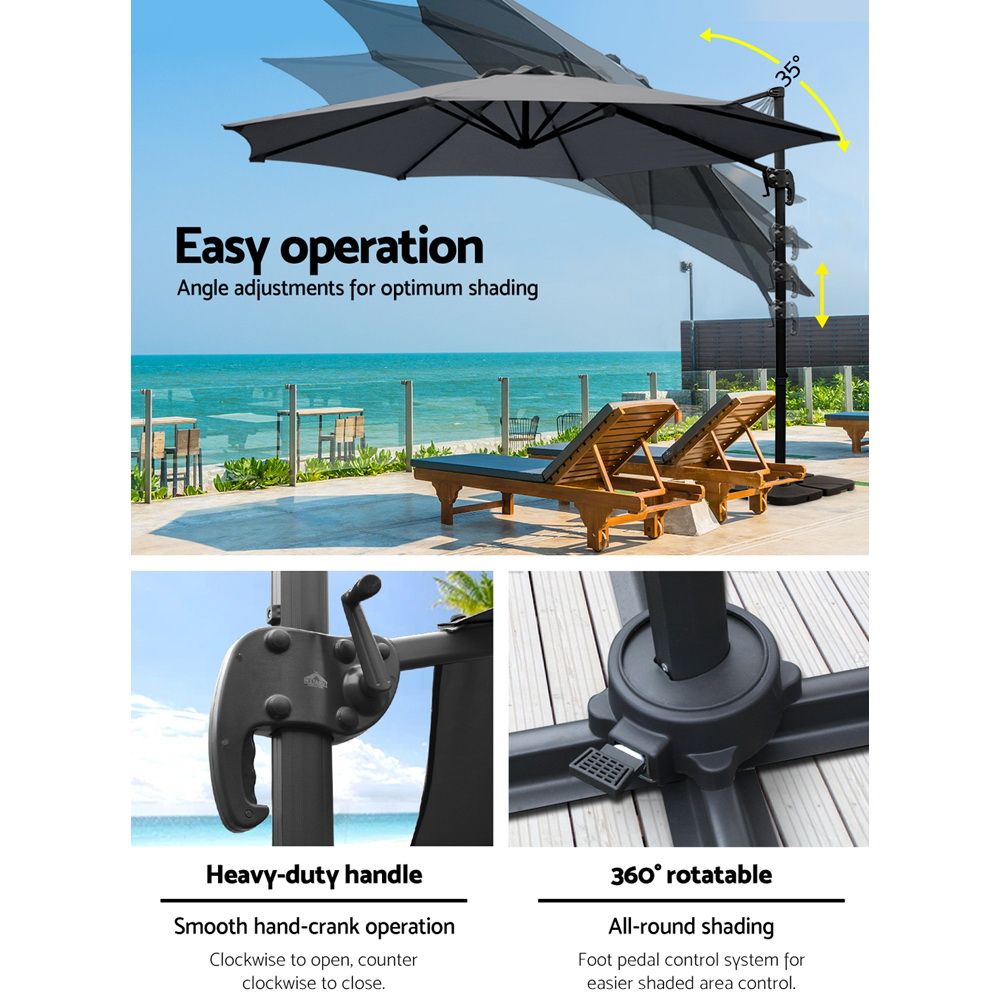 Outdoor Umbrella 3M with Base Cantilever Beach Roma 360-Degree Tilt - Charcoal