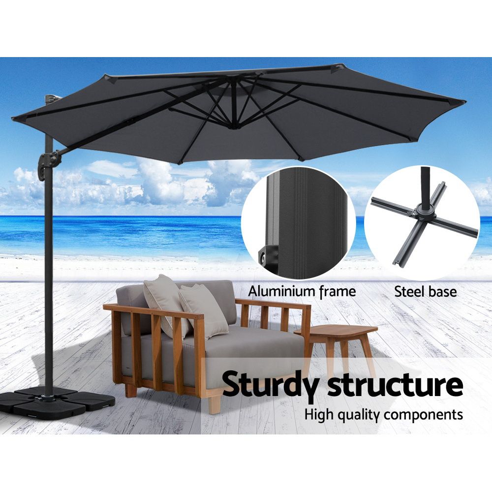 Outdoor Umbrella 3M with Base Cantilever Beach Roma 360-Degree Tilt - Charcoal