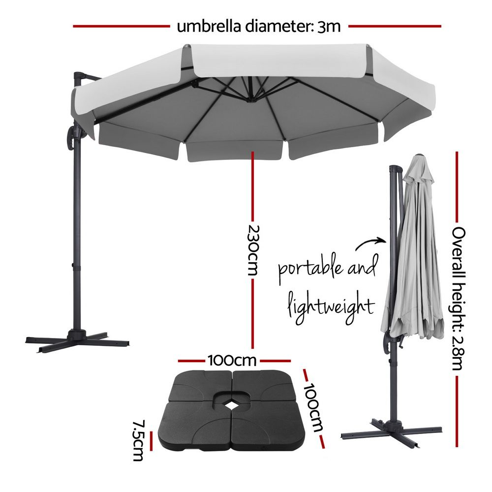 Outdoor Umbrella 3M Cantilever Beach Roma with Base - 360° Tilt Grey