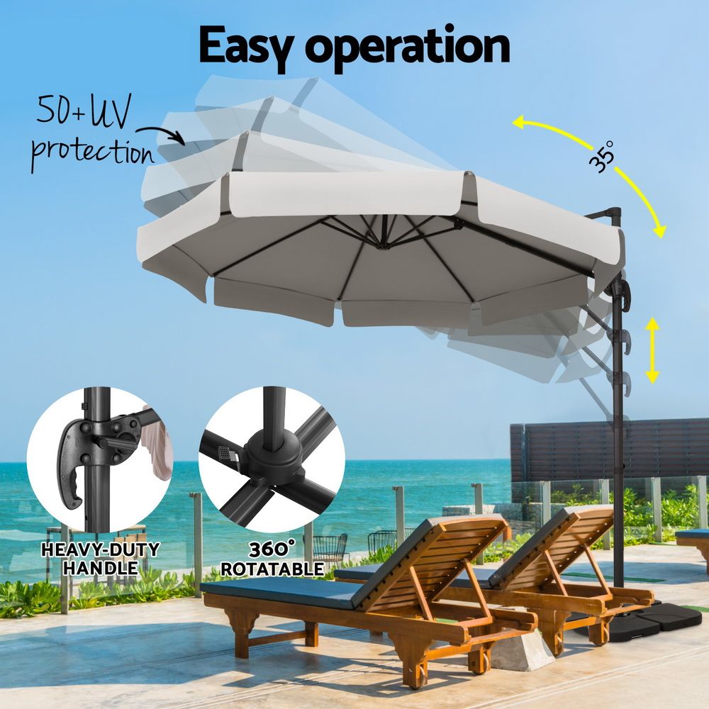 Outdoor Umbrella 3M Cantilever Beach Roma with Base - 360° Tilt Grey