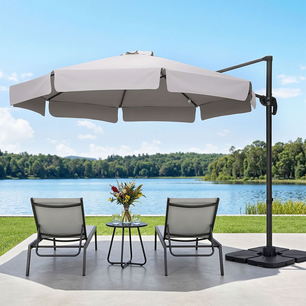 Outdoor Umbrella 3M Cantilever Beach Roma with Base - 360° Tilt Grey