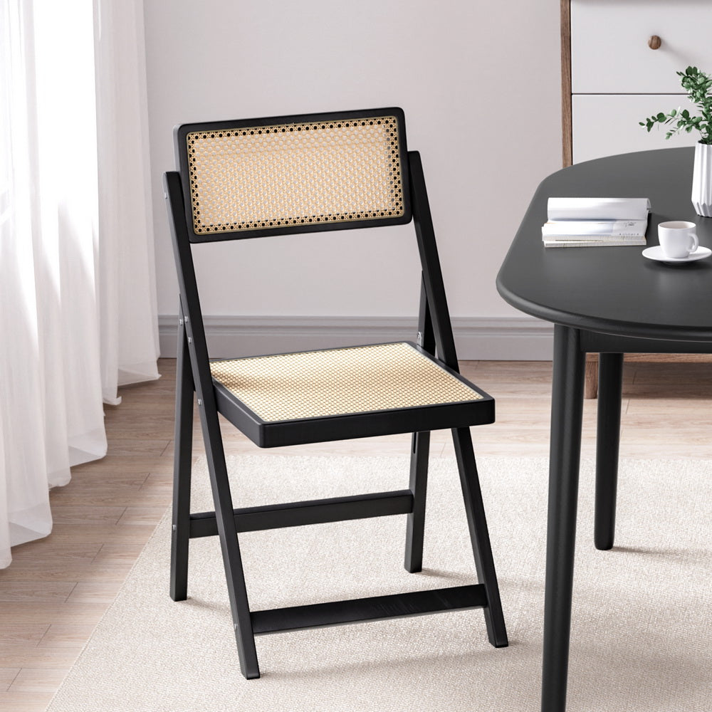 Dining Chair Wooden Rattan Foldable - Black