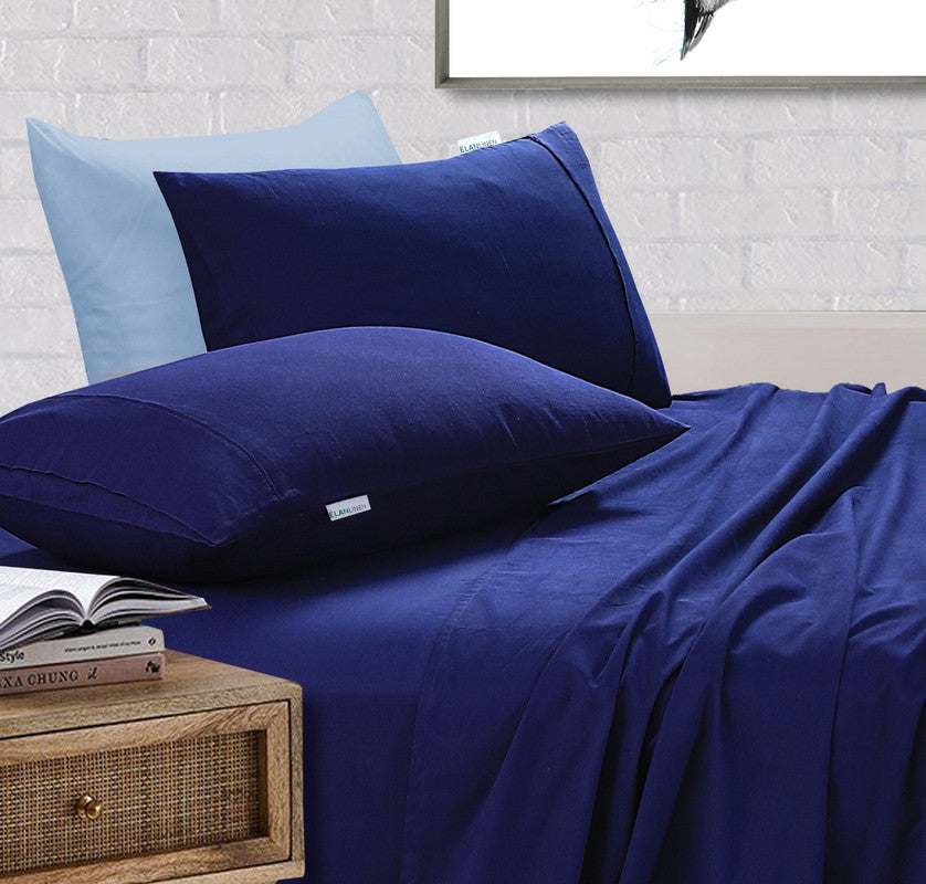 Elan Linen 100% Egyptian Cotton Vintage Washed 500TC Navy Blue King Bed Sheets Set