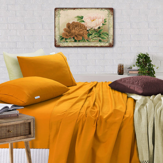 Elan Linen 100% Egyptian Cotton Vintage Washed 500TC Mustard 50 cm Deep Mega Queen Bed Sheets Set