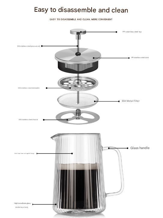 French Press Coffee Maker Double-Layer Glass Coffee Maker Ribbed Coffee Maker - Clear - Size 1000ML