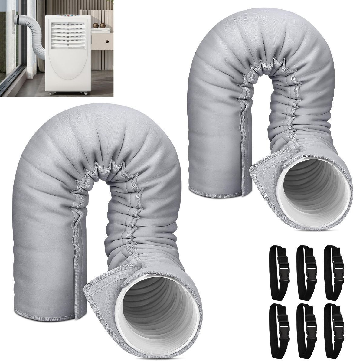 2Pack Portable AC Hose Insulation Sleeve, Portable Air Conditioners Insulated Hose Cover Wrap, Fit 5" & 5.9" Diameter Exhaust Hose, Easy Installation with 3*Adjustable Buckle Straps - Black