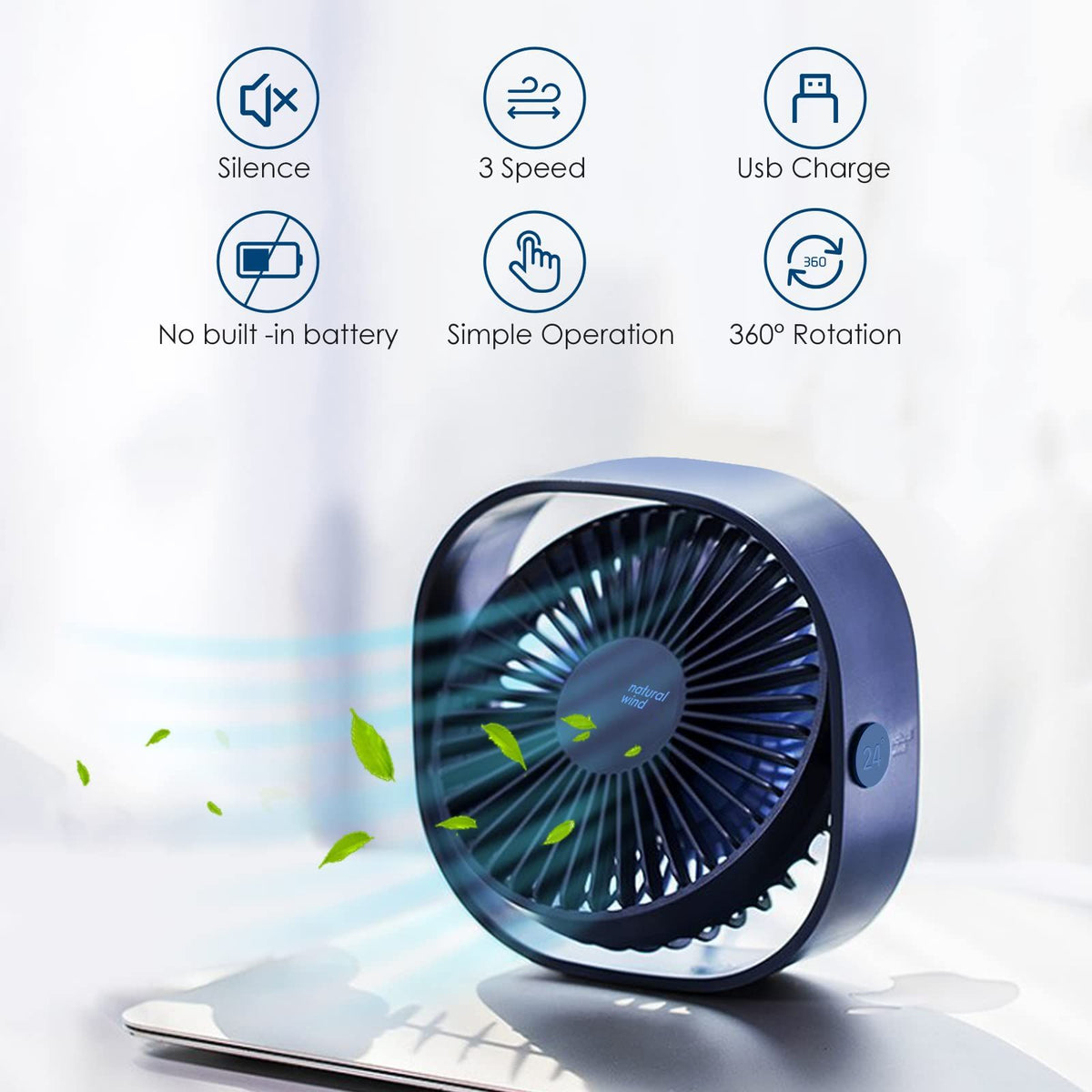 Small USB Fan Small Quiet Portable USB Powered ONLY (No Battery), Cooling Speed Setting 360° Adjustable , Blue
