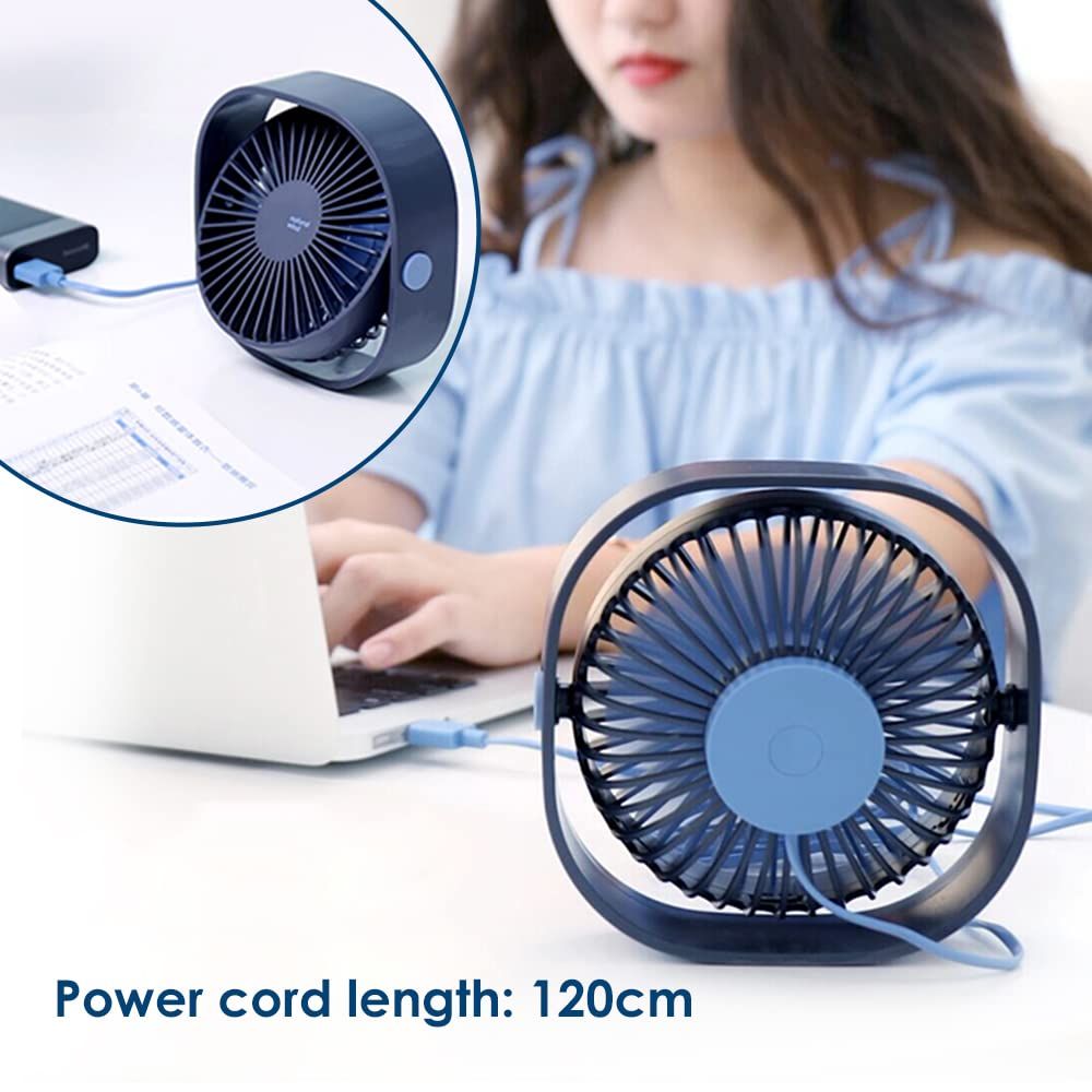 Small USB Fan Small Quiet Portable USB Powered ONLY (No Battery), Cooling Speed Setting 360° Adjustable , Blue