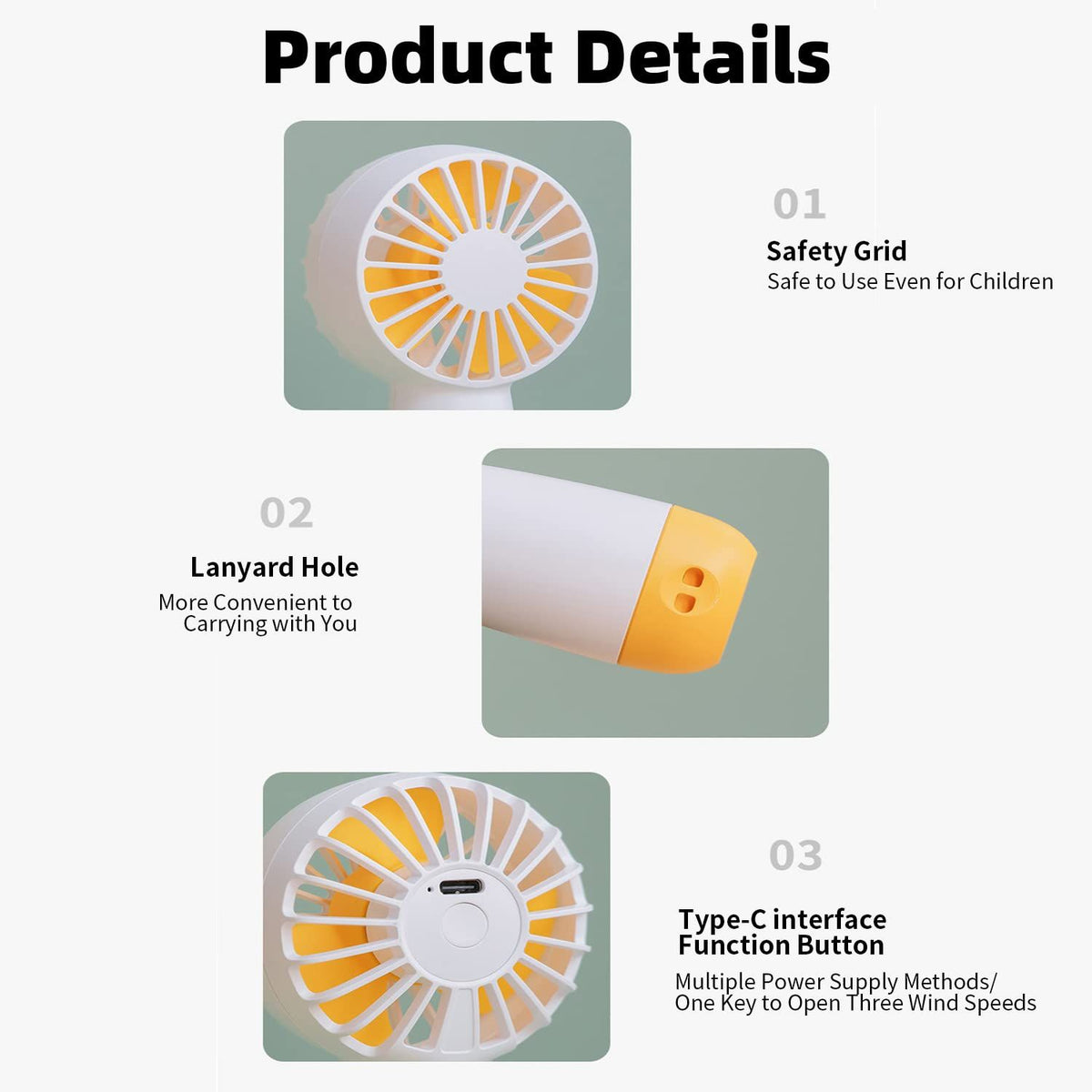 Mini Portable Fan, Handheld Personal Small Fan USB Rechargeable, 3-speed Powerful small fan, Lightweight Fan for Office