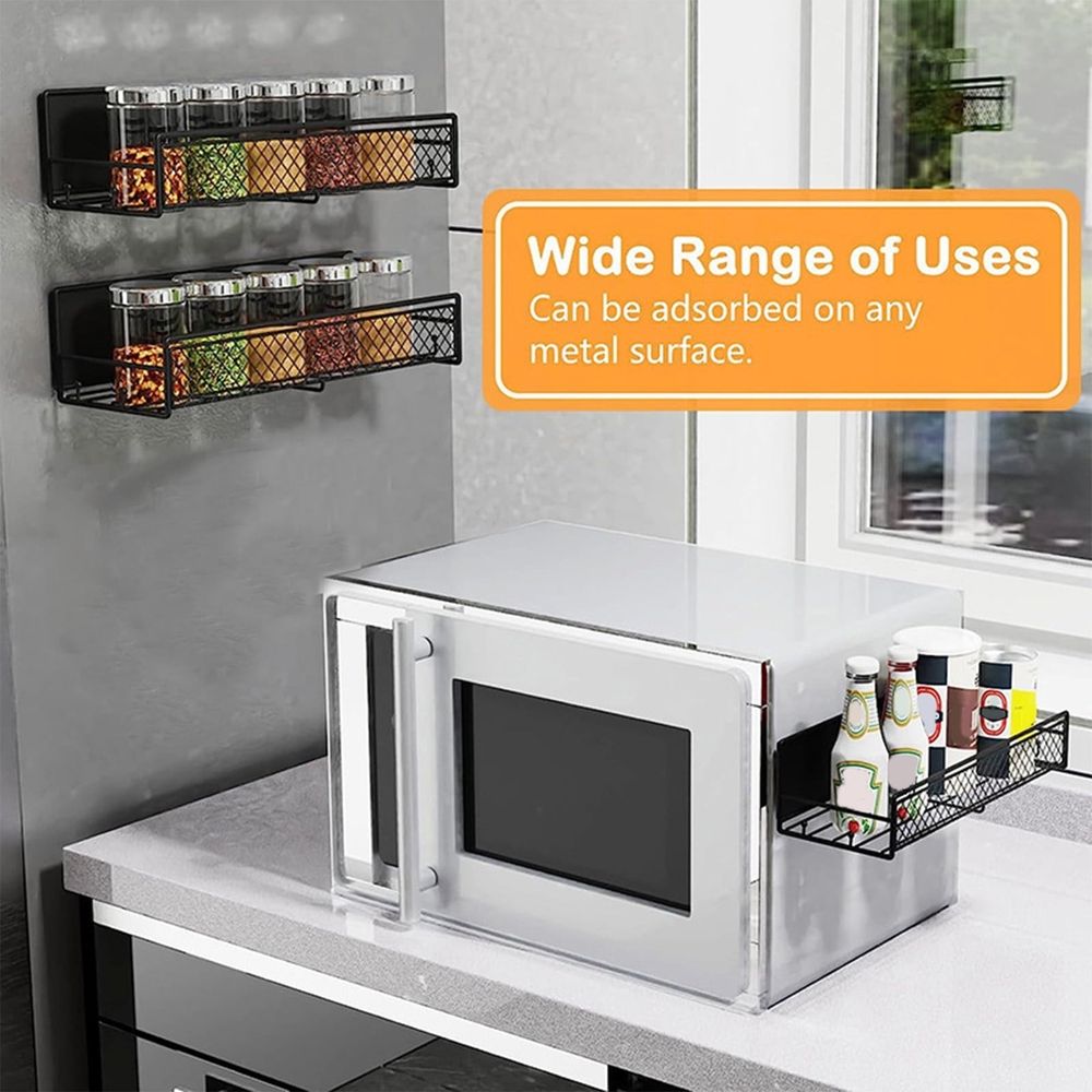 Magnetic Spice Rack Organizer Mesh Design for Refrigerator Oven, Black Storage Rack for Kitchen Spices Condiments, Easy Install Fridge Organizer (1pc)