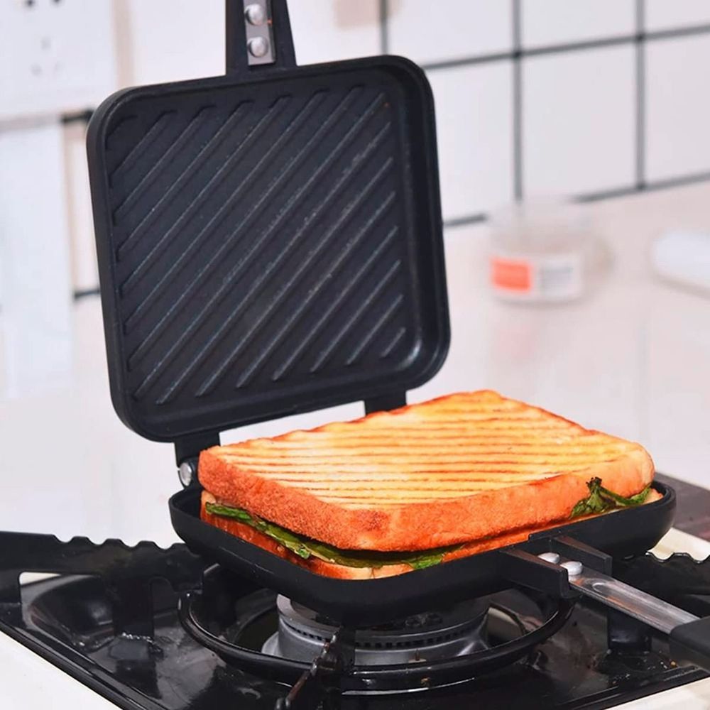 Toastie Maker Double Side Bread Frying Pan Non Stick Stovetop Sandwich Maker Machine With Heat Handles Multiple Purposes Sandwich Camping Toaster For Stov for Home & Kitchen Black