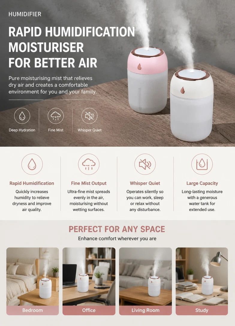 USB Colour Light Mini Humidifier 330ML Grey, Stocking Filler Gift