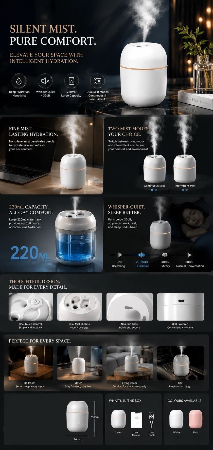 USB Water Drop Aroma Humidifier 220ML Nordic Pink, Christmas Gift