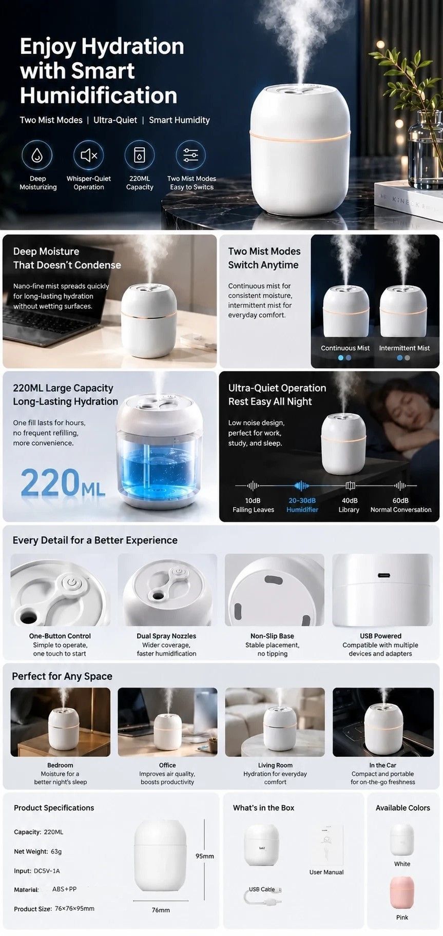 USB Water Drop Aroma Humidifier 220ML Glacier White, Holiday Present