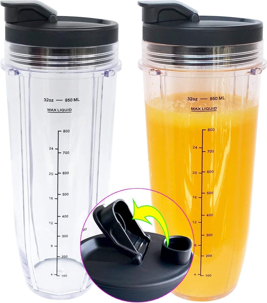 2 Pack Blender Cups Compatible with Nutri Ninja Auto IQ Series, Sip and Seal Lids, 32 oz