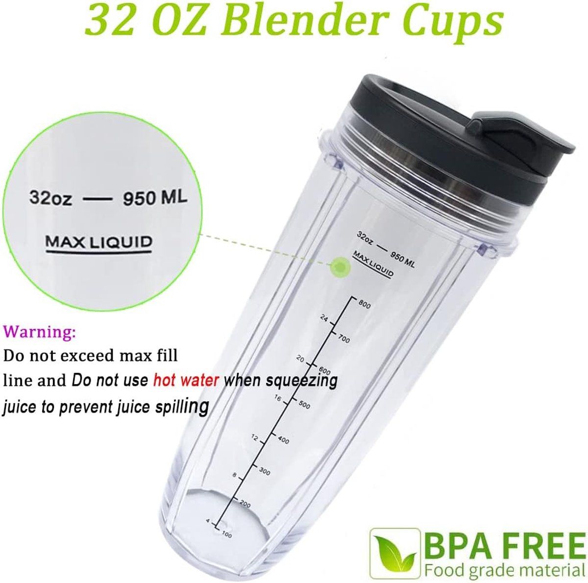 2 Pack Blender Cups Compatible with Nutri Ninja Auto IQ Series, Sip and Seal Lids, 32 oz