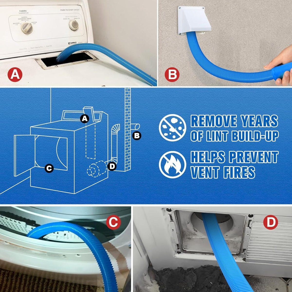 Dryer Vent Brush with Universal Vacuum Adapter Blue
