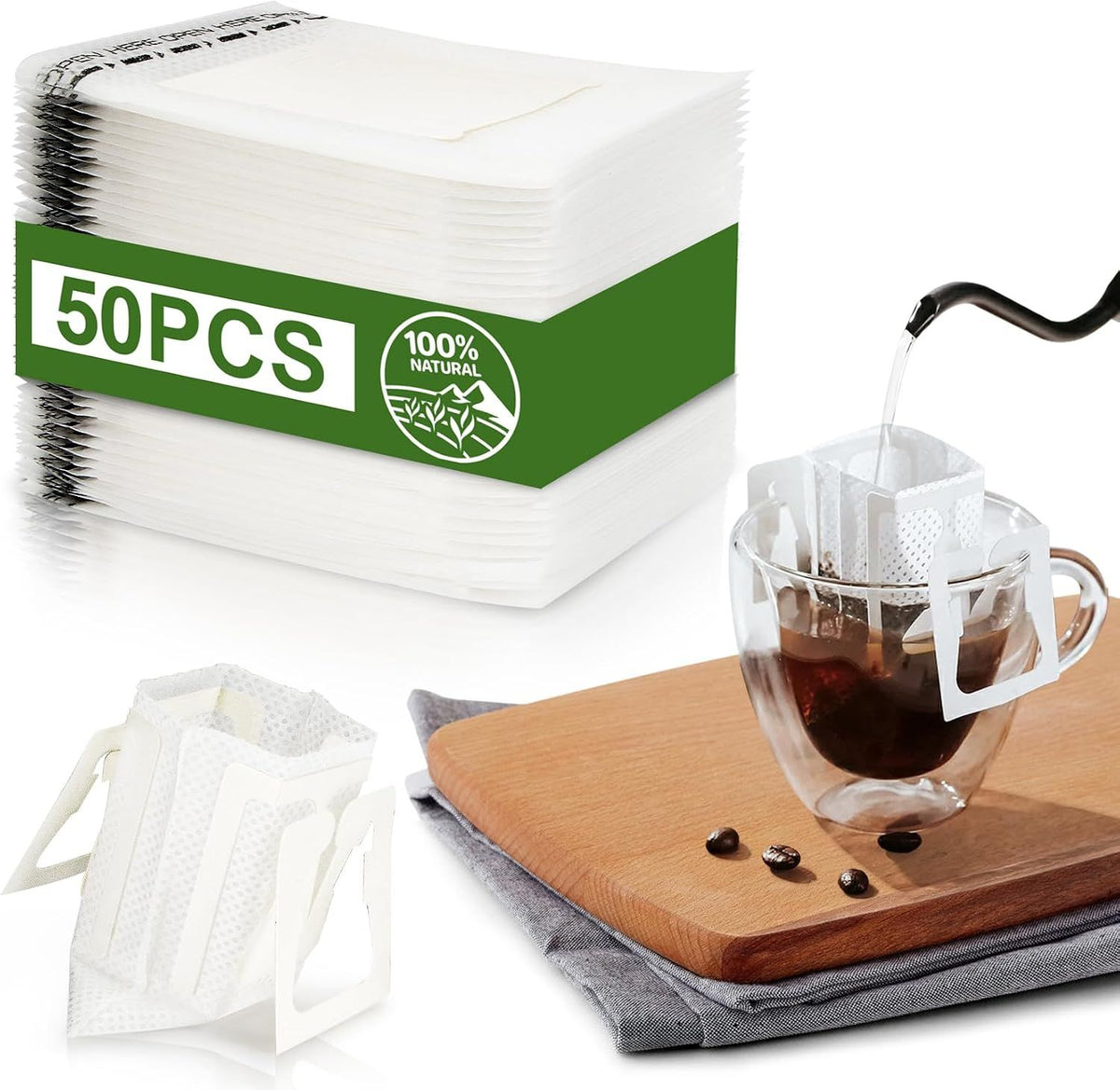 Drip Coffee Bags 50 Pack, Food Grade Disposable Hanging Ear Coffee Filters, Portable Single Serve Pour Over Pouches for Travel, Camping and Office