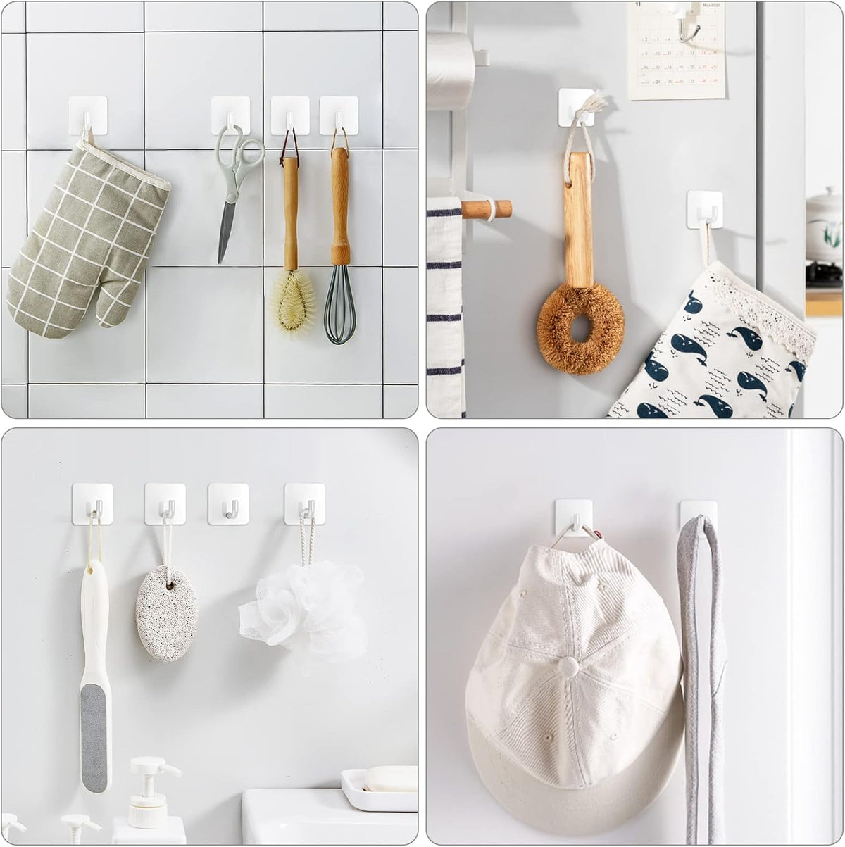 Adhesive Hooks, Metal Shower Wall Stick on Hooks, Waterproof, 2 Extra Adhesive Strips, White, 4 Pcs