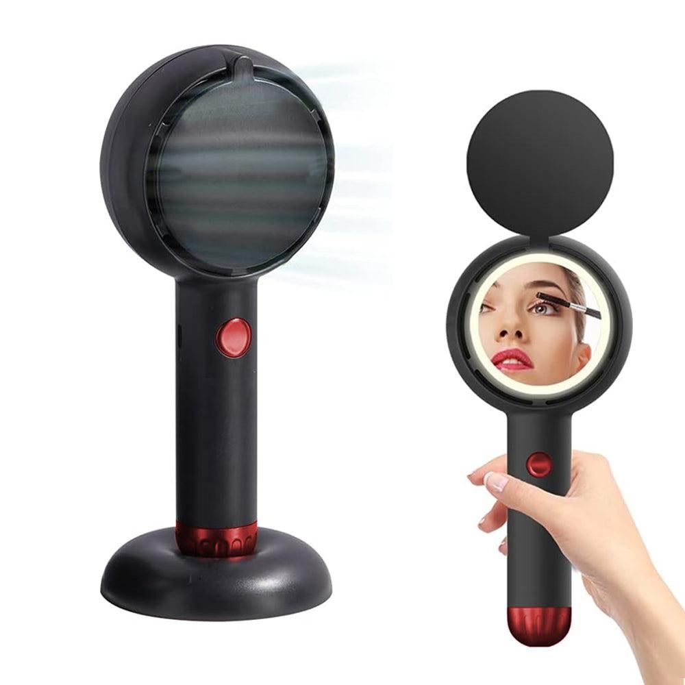Mini Handheld Fan with LED Light Makeup Mirror Rechargeable Portable Fan Black