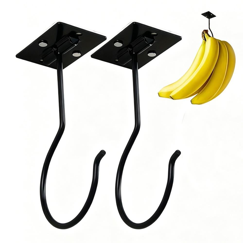 2 Pcs Self Adhesive Foldable Banana Hook for Under Cabinet Metal Holder for Kitchen - Black