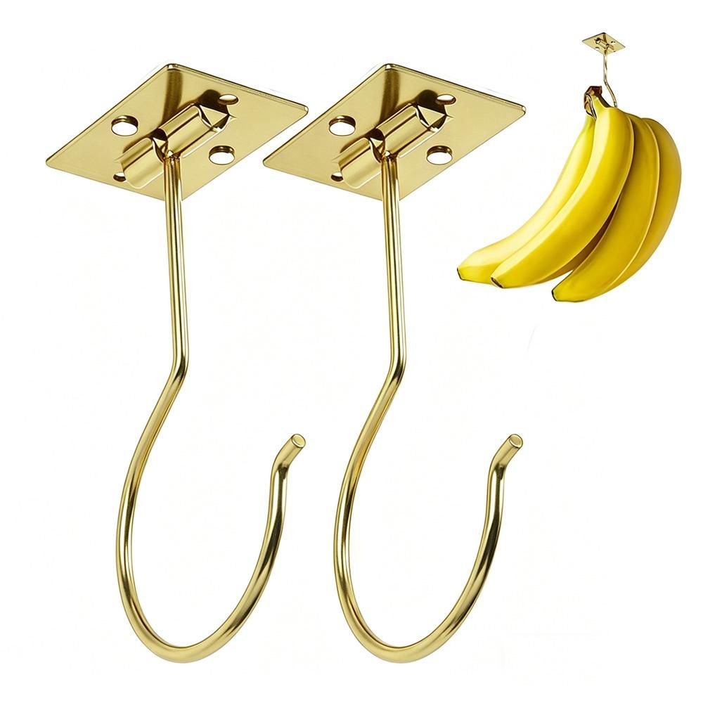 2 Pcs Self Adhesive Foldable Banana Hook for Under Cabinet Metal Holder for Kitchen - Black