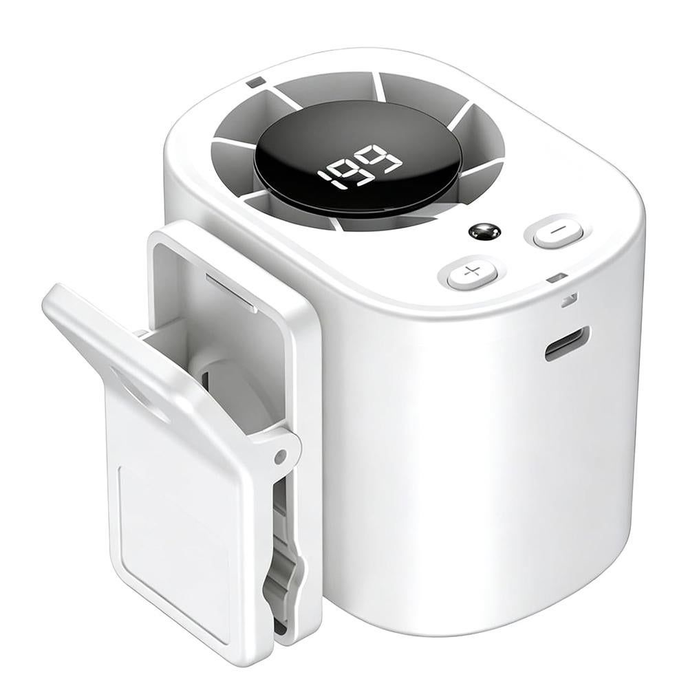 Mini Clip On Neck Fan Rechargeable LED Display USB C for Travel Outdoor - White