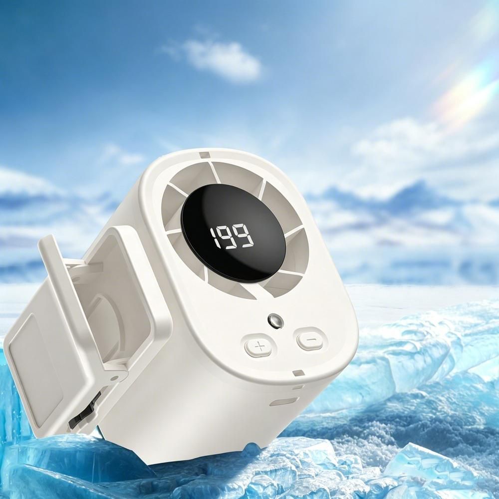 Mini Clip On Neck Fan Rechargeable LED Display USB C for Travel Outdoor - White