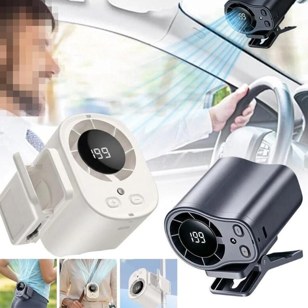 Mini Clip On Neck Fan Rechargeable LED Display USB C for Travel Outdoor - White