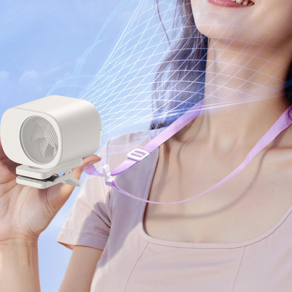 Mini Clip On Neck Fan Rechargeable LED Display USB C for Travel Outdoor - White