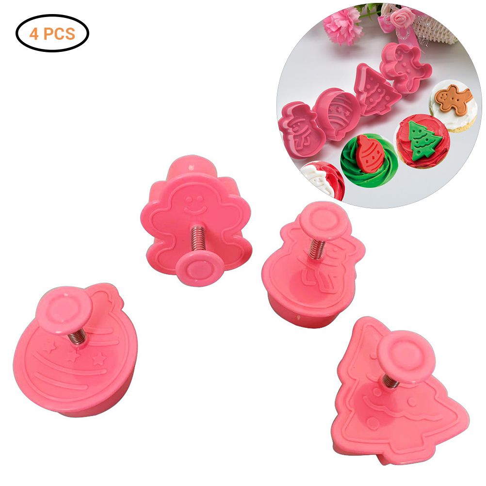 4 Pcs Christmas Biscuits Cutters Set Christmas Tree Snowman Gingerbread Egg Stamper Spring Loaded