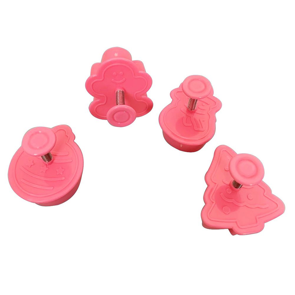 4 Pcs Christmas Biscuits Cutters Set Christmas Tree Snowman Gingerbread Egg Stamper Spring Loaded