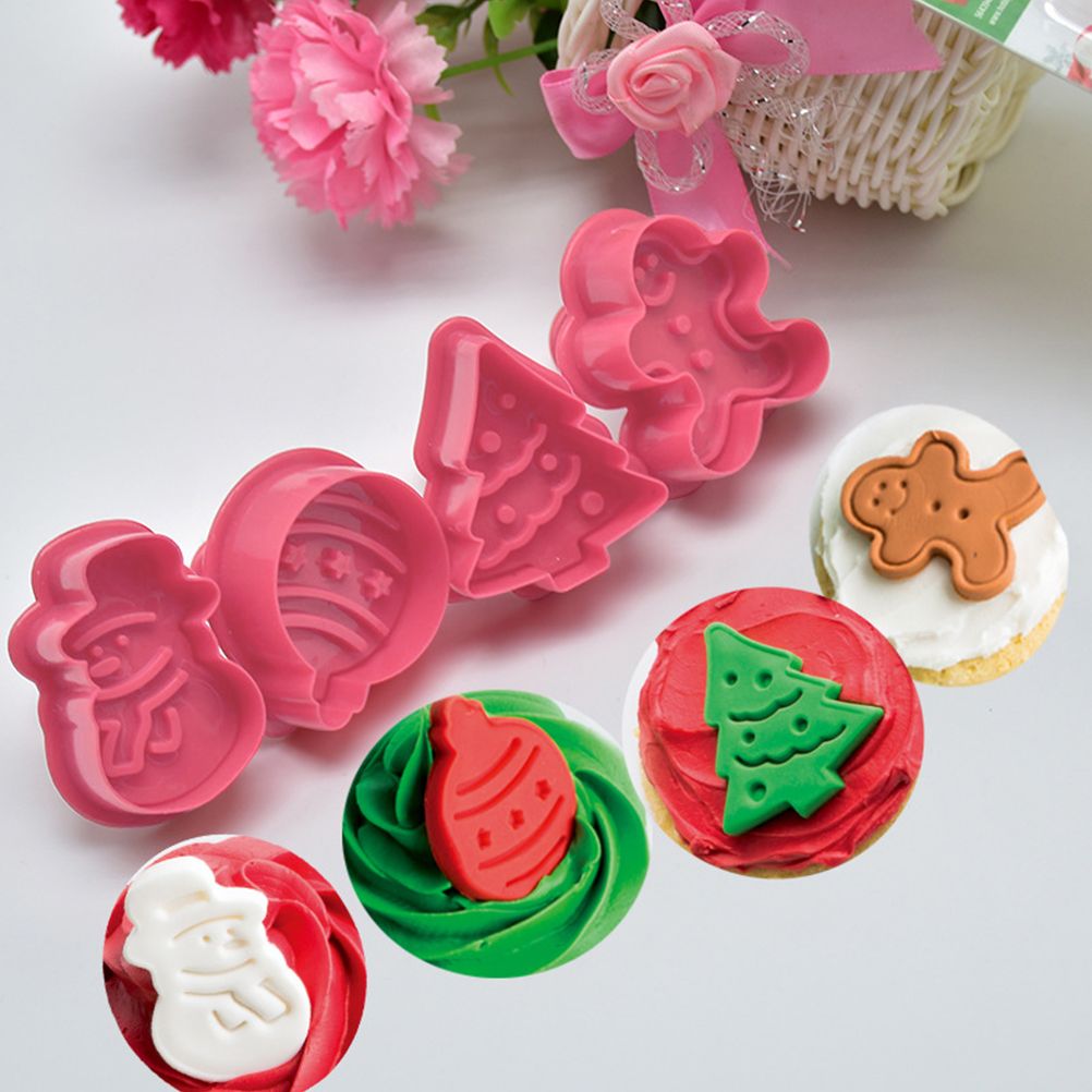 4 Pcs Christmas Biscuits Cutters Set Christmas Tree Snowman Gingerbread Egg Stamper Spring Loaded