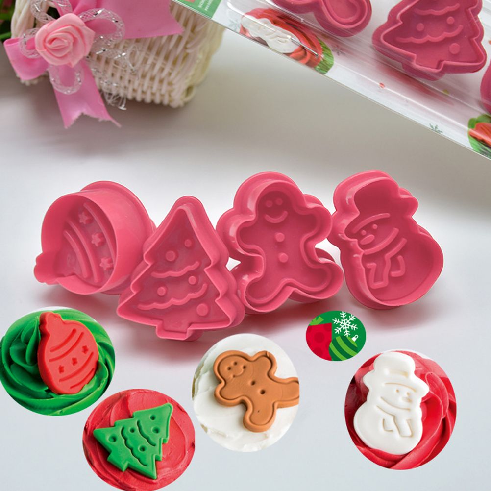 4 Pcs Christmas Biscuits Cutters Set Christmas Tree Snowman Gingerbread Egg Stamper Spring Loaded