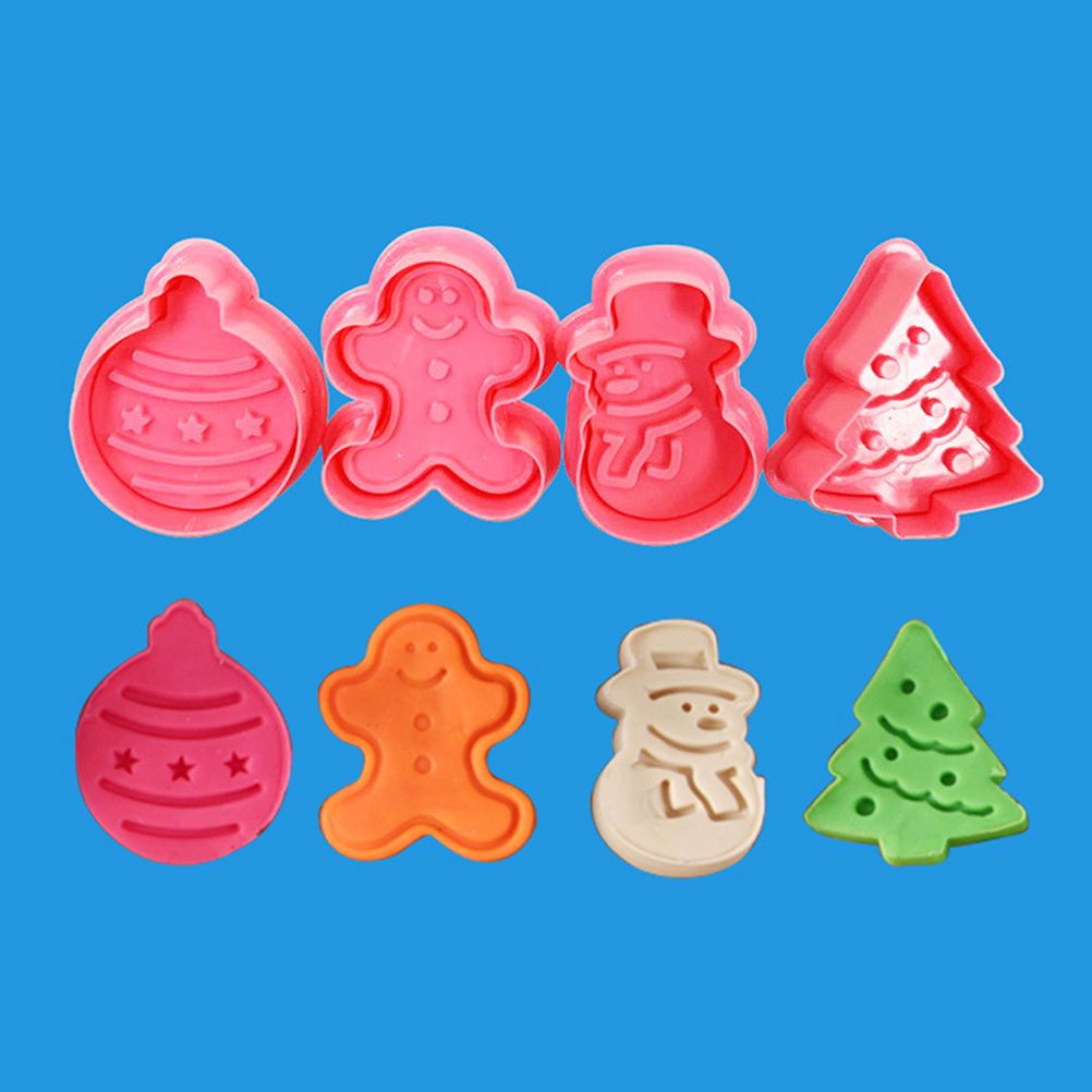 4 Pcs Christmas Biscuits Cutters Set Christmas Tree Snowman Gingerbread Egg Stamper Spring Loaded