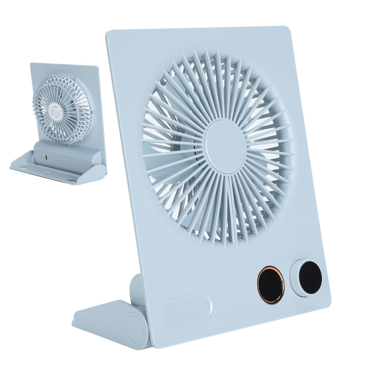 Ultra Thin Table Fan Desktop Flat Battery Operated Standing Hanging Portable Foldable Step Less Speed Control for Travel Blue