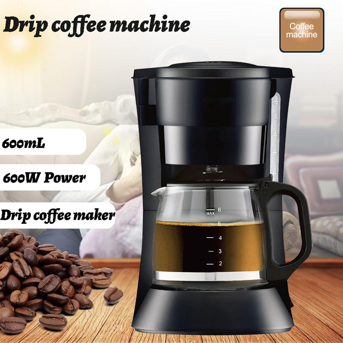 Electric Coffee Maker Drip Coffee Machine with 600ml/20.3oz Coffee Pot Espresso Maker 600W Heating Coffee Tea Pot with Anti-drip Function Ergonomic Handle Visible Pot Marked with Scales