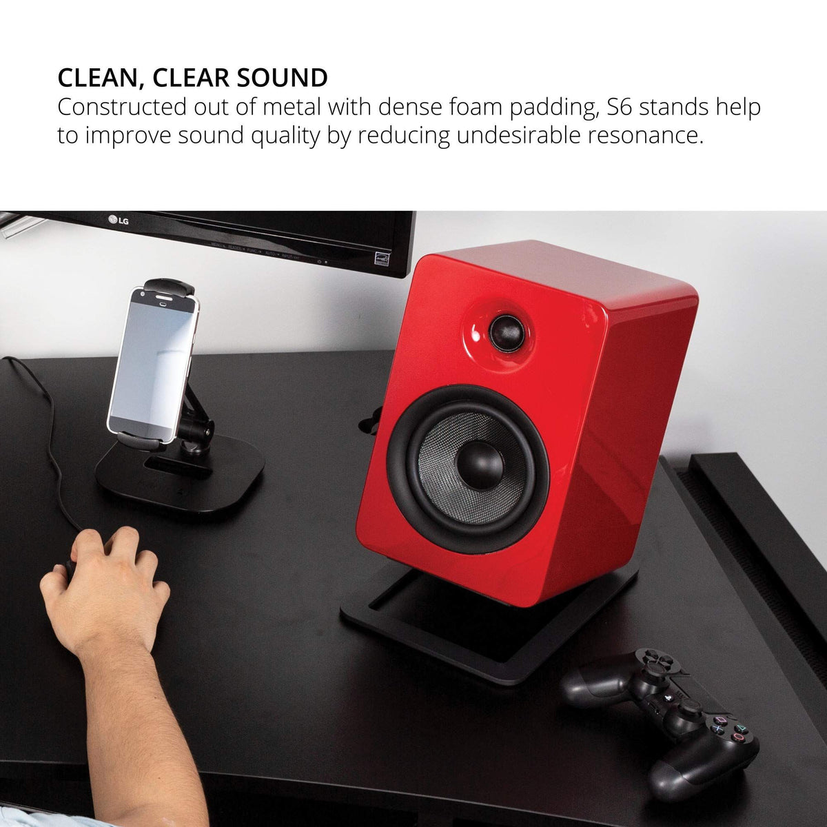 Tilted Desktop Speaker Stands for Large Bookshelf Speakers & Full-Size 5”-7” Studio Monitors | Damping Foam Padding | Black
