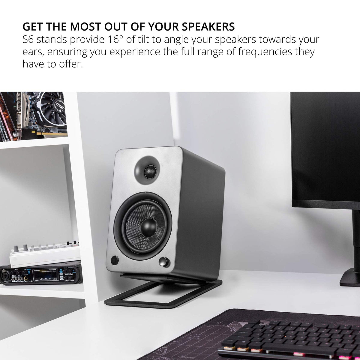 Tilted Desktop Speaker Stands for Large Bookshelf Speakers & Full-Size 5”-7” Studio Monitors | Damping Foam Padding | Black