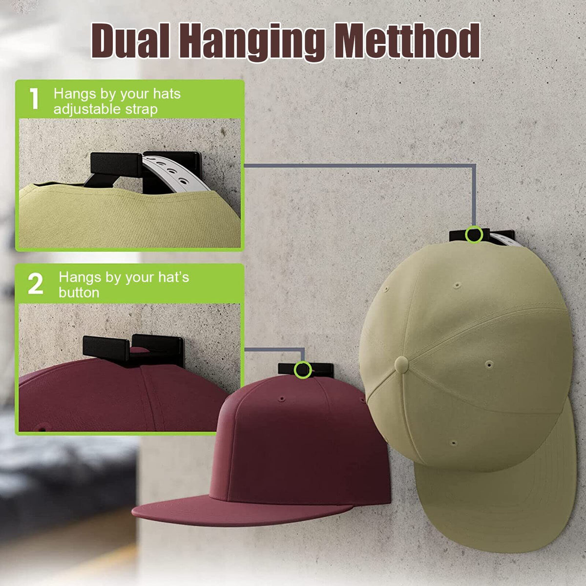 Baseball Cap Hat Rack - 10PCS - Wall Door Hanger Holder Storage Organize 10 PCS Hooks Adhesive（black and white）