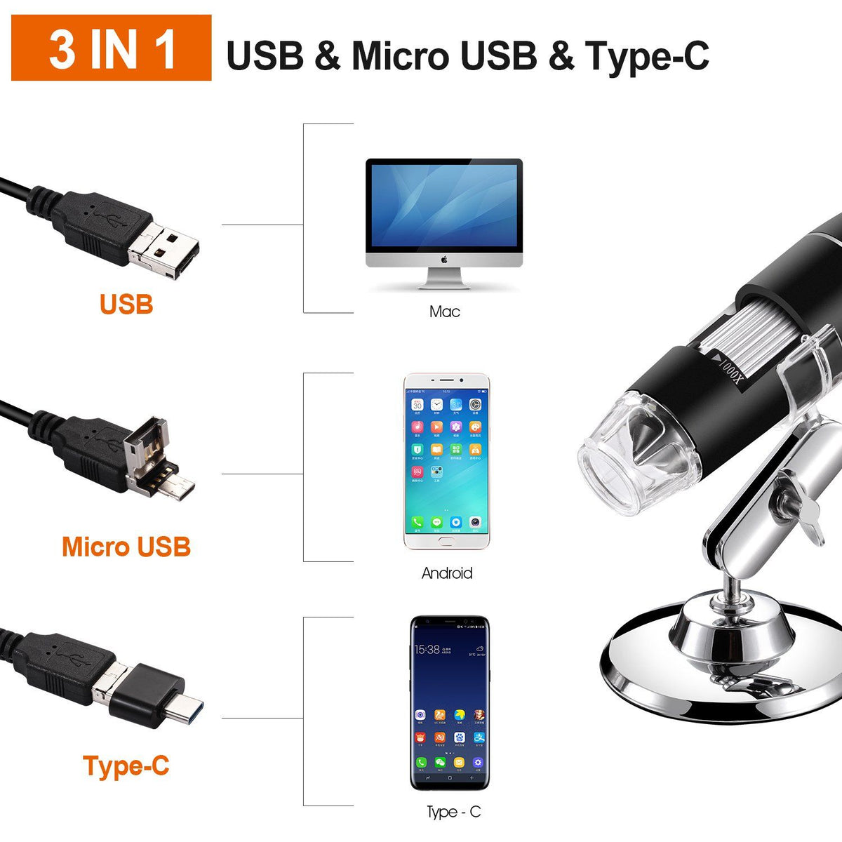 USB Microscope, Digital Handheld 1600X Magnification Endoscope Mini Video Camera with 8 Adjustable LED Lights