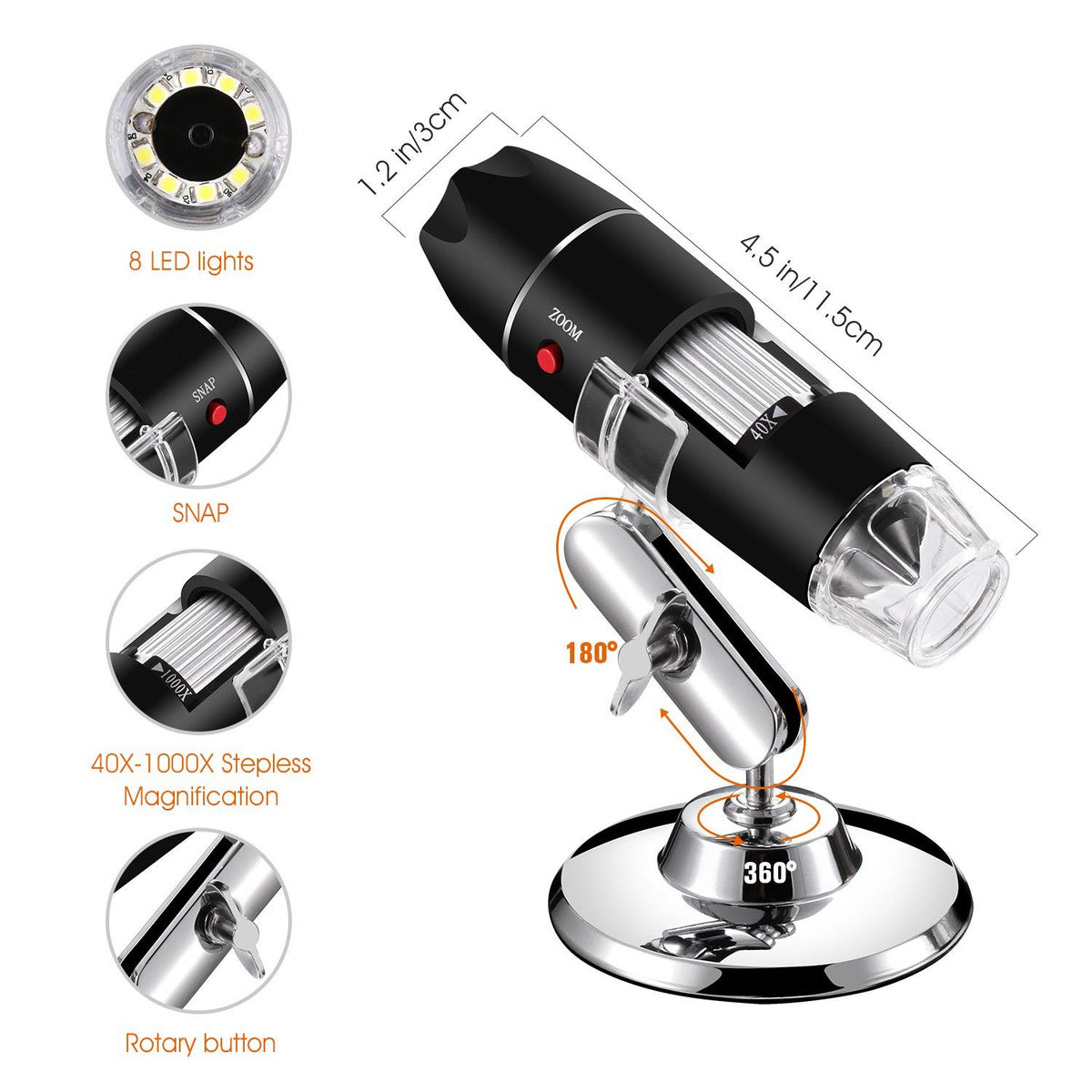 USB Microscope, Digital Handheld 1600X Magnification Endoscope Mini Video Camera with 8 Adjustable LED Lights