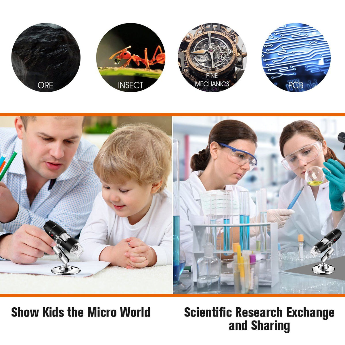 USB Microscope, Digital Handheld 1600X Magnification Endoscope Mini Video Camera with 8 Adjustable LED Lights