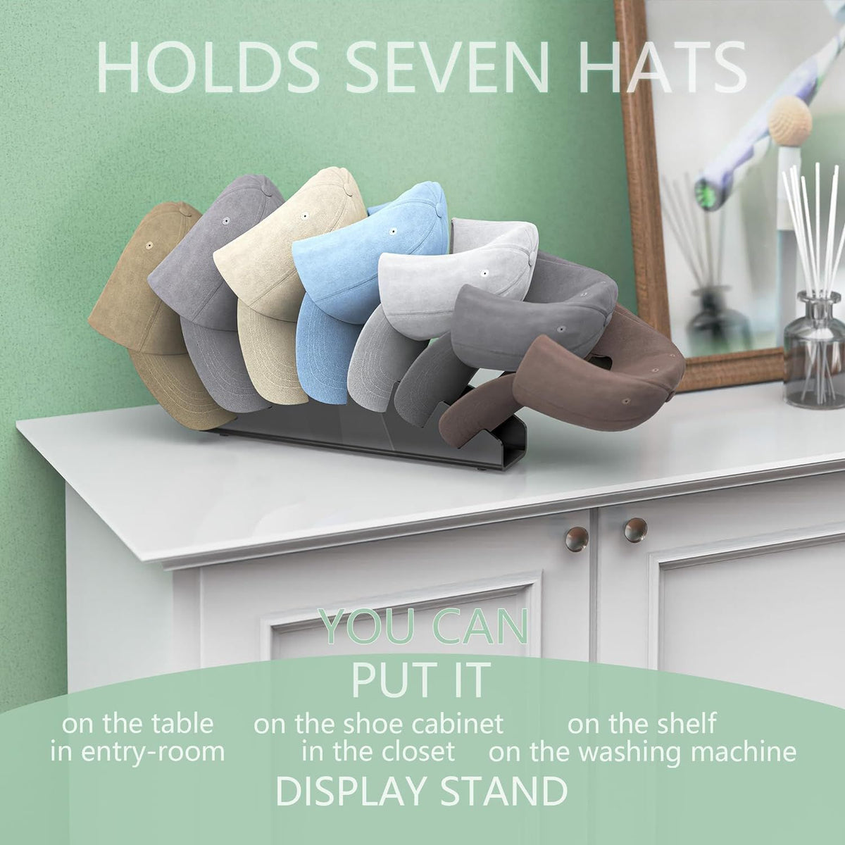 Hat Organizer for Closet Shelf, Hat Holder for 7 Baseball Caps, Tabletop Free Standing Hat Storage Rack, Small Ball Cap Stand