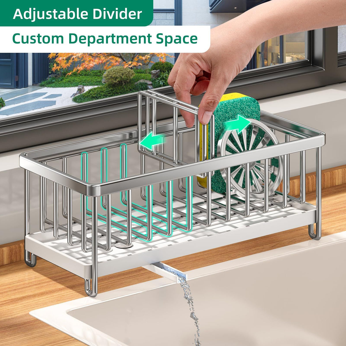 Sponge Holder for Kitchen Sink, Dish Sponge Organizer with Divider, Rustproof  Dish Brush Holder Storage for Bathroom, Silver