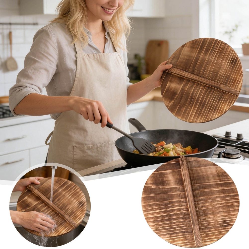 Round Solid Wooden Pot Lid With Built-in Handle Replacement Cookware Cover For Wok Clay Pot Simmering Home Kitchen Cooking