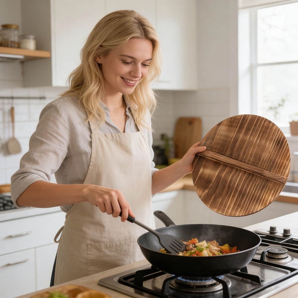 Round Solid Wooden Pot Lid With Built-in Handle Replacement Cookware Cover For Wok Clay Pot Simmering Home Kitchen Cooking