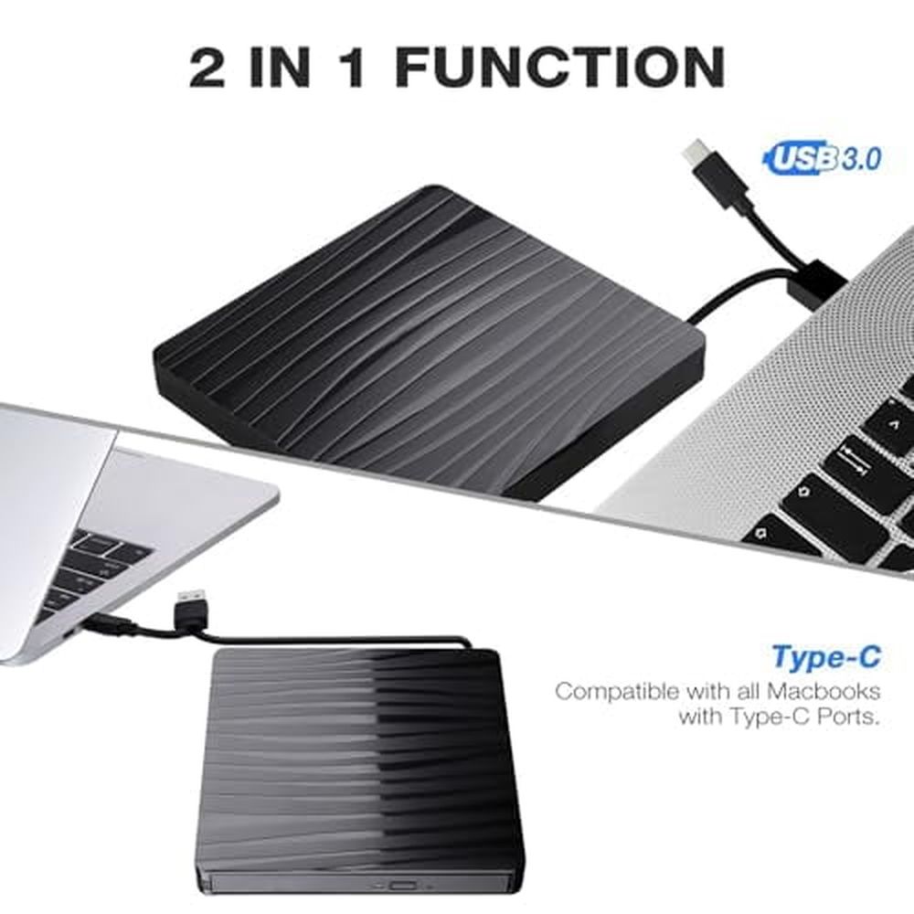 External CD/DVD Drive for Laptop,USB A/C 3.0 CD DVD Player Portable +/-RW Burner CD ROM Reader Writer Disk Duplicator Compatible with Laptop Desktop PC Windows Apple Mac Pro