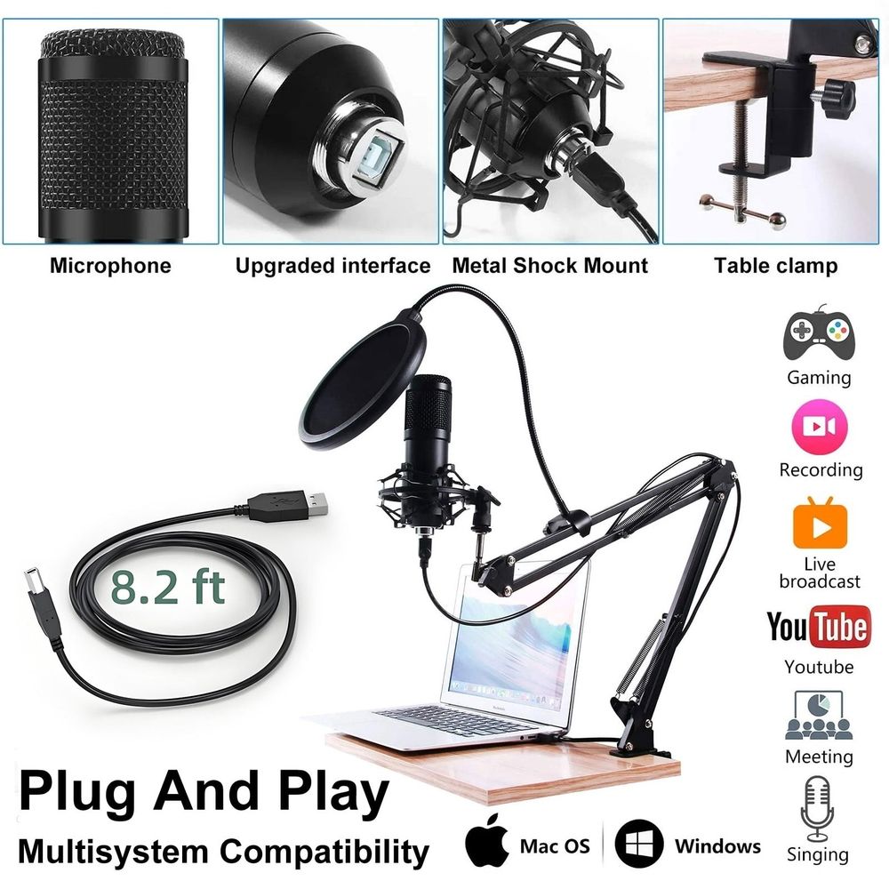 USB Microphone,PC Podcast Microphone Kit with Arm Stand,Professional Condenser Mic for Recording